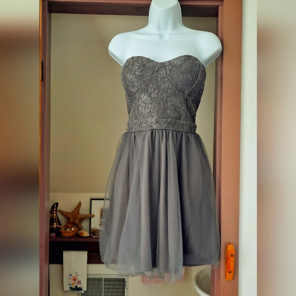 Vintage 1980's WINDSOR Grey Strapless Bustier Mini Dress Lace Tulle Skirt XL
